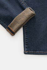 Jacob Cohen Jeans 'Bard' navy im Slim Fit, Detailaufnahme vom Bein mit umgeschlagenem Saum, robuster Denim, leichter Stretch, Used-Waschung.