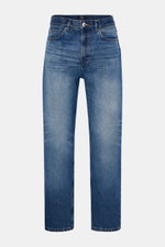 A.P.C. Jeans 'Jean Martin' graublau, frontale Nahaufnahme, Denim aus reiner Baumwolle, authentische Waschung, Tapered Fit, Five-Pocket-Stil, Zip Fly, kontrastfarbene Nähte.