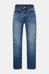 A.P.C. Jeans 'Jean Martin' graublau, frontale Nahaufnahme, Denim aus reiner Baumwolle, authentische Waschung, Tapered Fit, Five-Pocket-Stil, Zip Fly, kontrastfarbene Nähte.