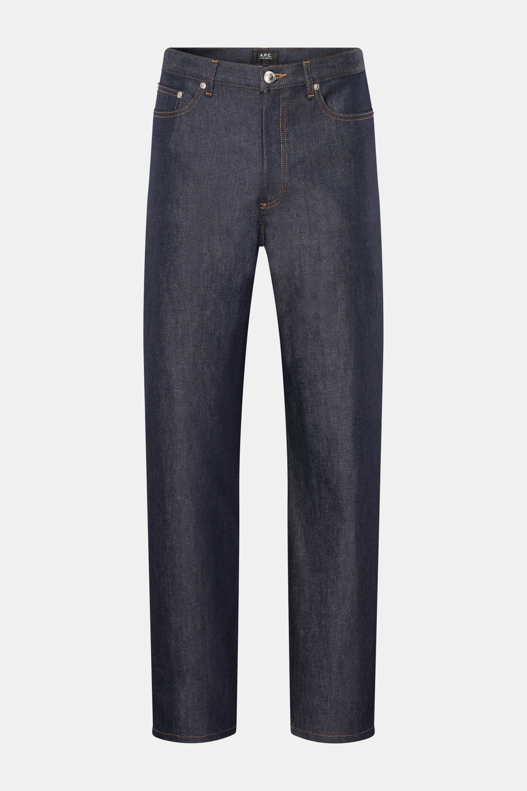 Front view of A.P.C. Jeans 'Martin' navy, made from finest Japanese denim with cotton and microfibre, tapered fit, cropped length, zip fly, five-pocket style, and contrasting seams.