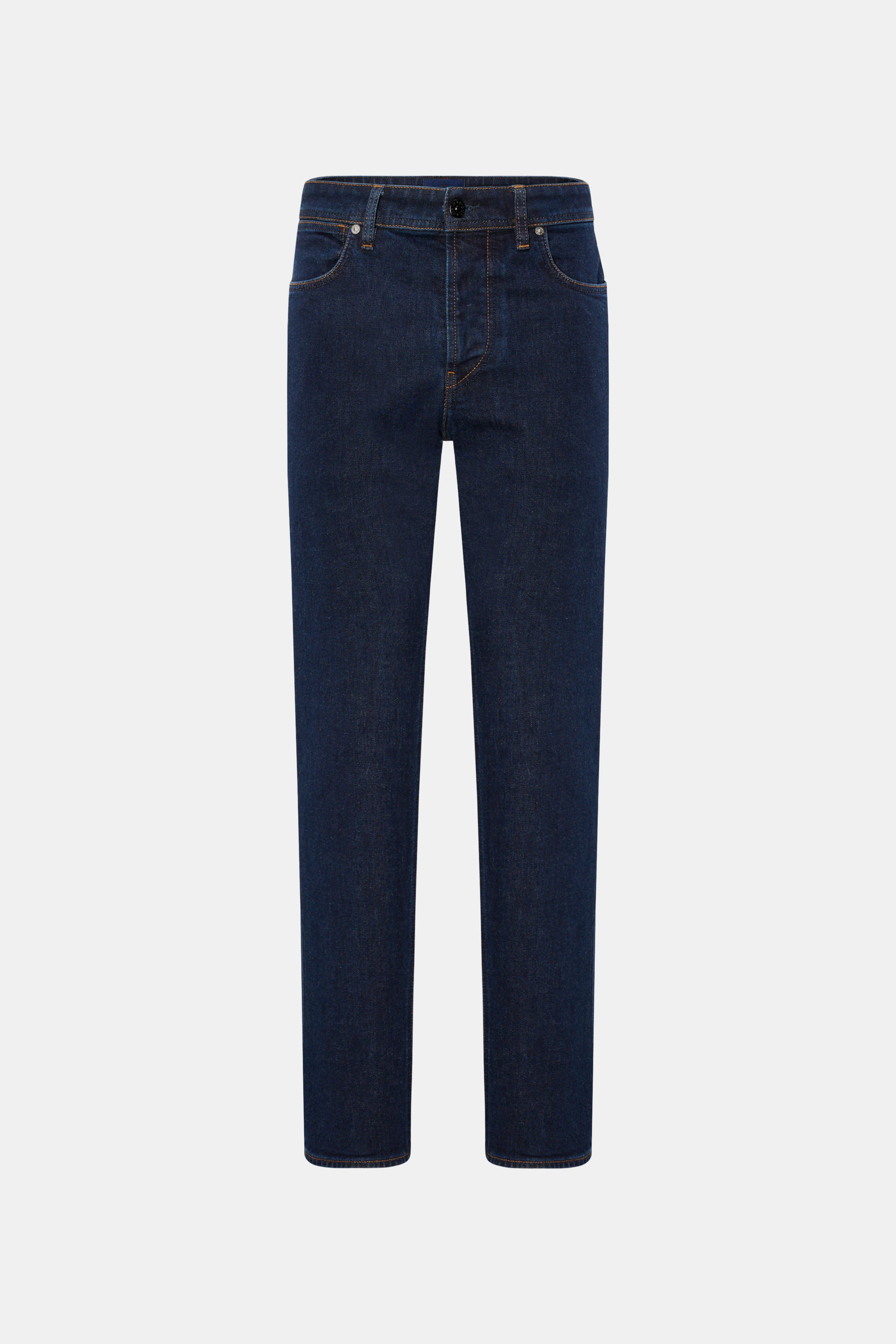 Stone Island Jeans 'Stretch Indigo Denim - Rinsed' dark blue slim fit jeans shown front view, cotton denim with elastic quality, very tapered, compass badge on waistband. Urban classic in a modern silhouette, part of STONE ISLAND's 'Denim' capsule collect