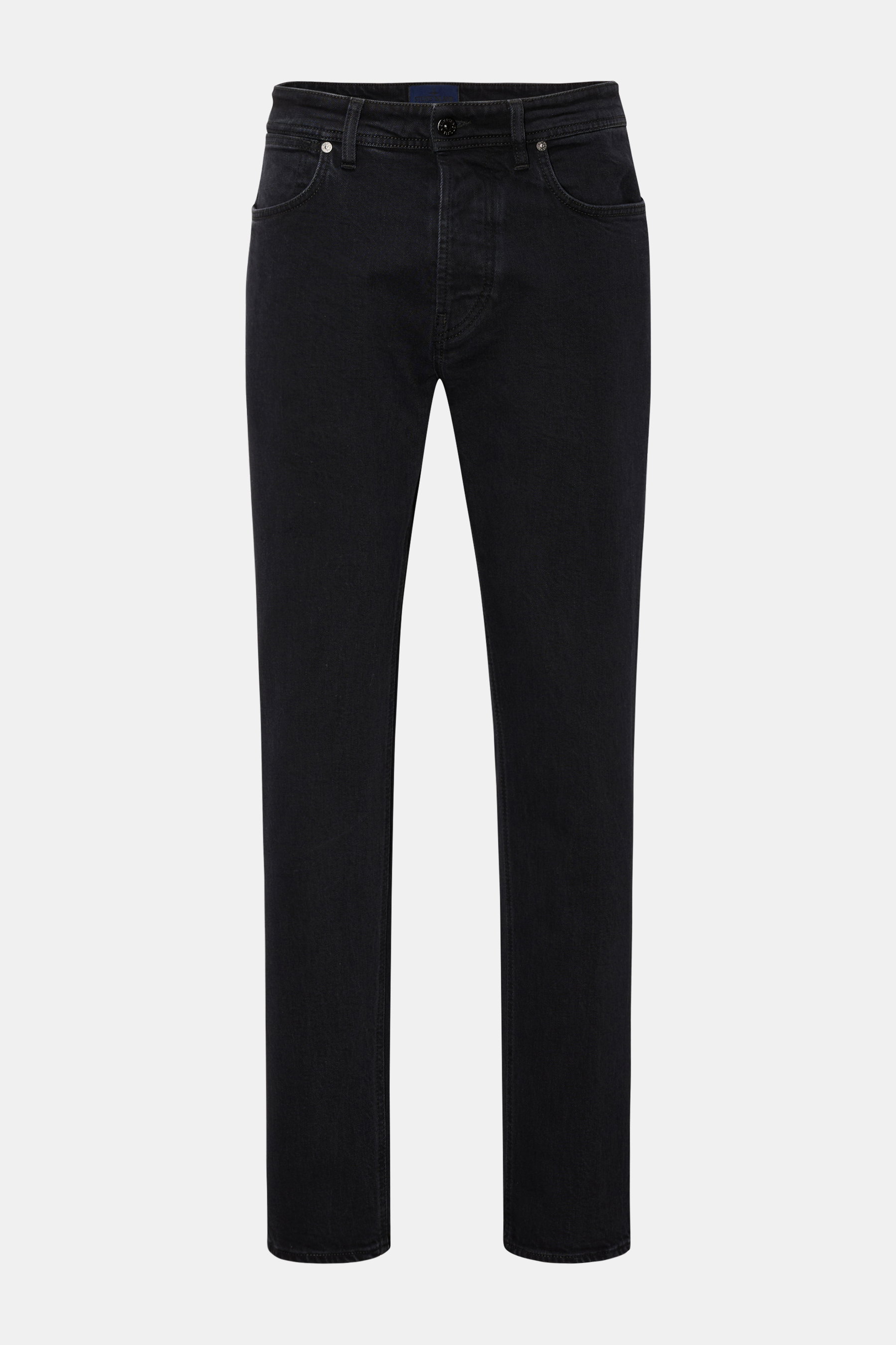 Front view of Stone Island Jeans 'Stretch Black Denim - Rinsed' black in slim fit, tapered cotton denim with button fly, five-pocket style, and waistband compass badge. Urban classic in a modern silhouette with stretch quality.