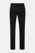 Front view of Stone Island Jeans 'Stretch Black Denim - Rinsed' black in slim fit, tapered cotton denim with button fly, five-pocket style, and waistband compass badge. Urban classic in a modern silhouette with stretch quality.