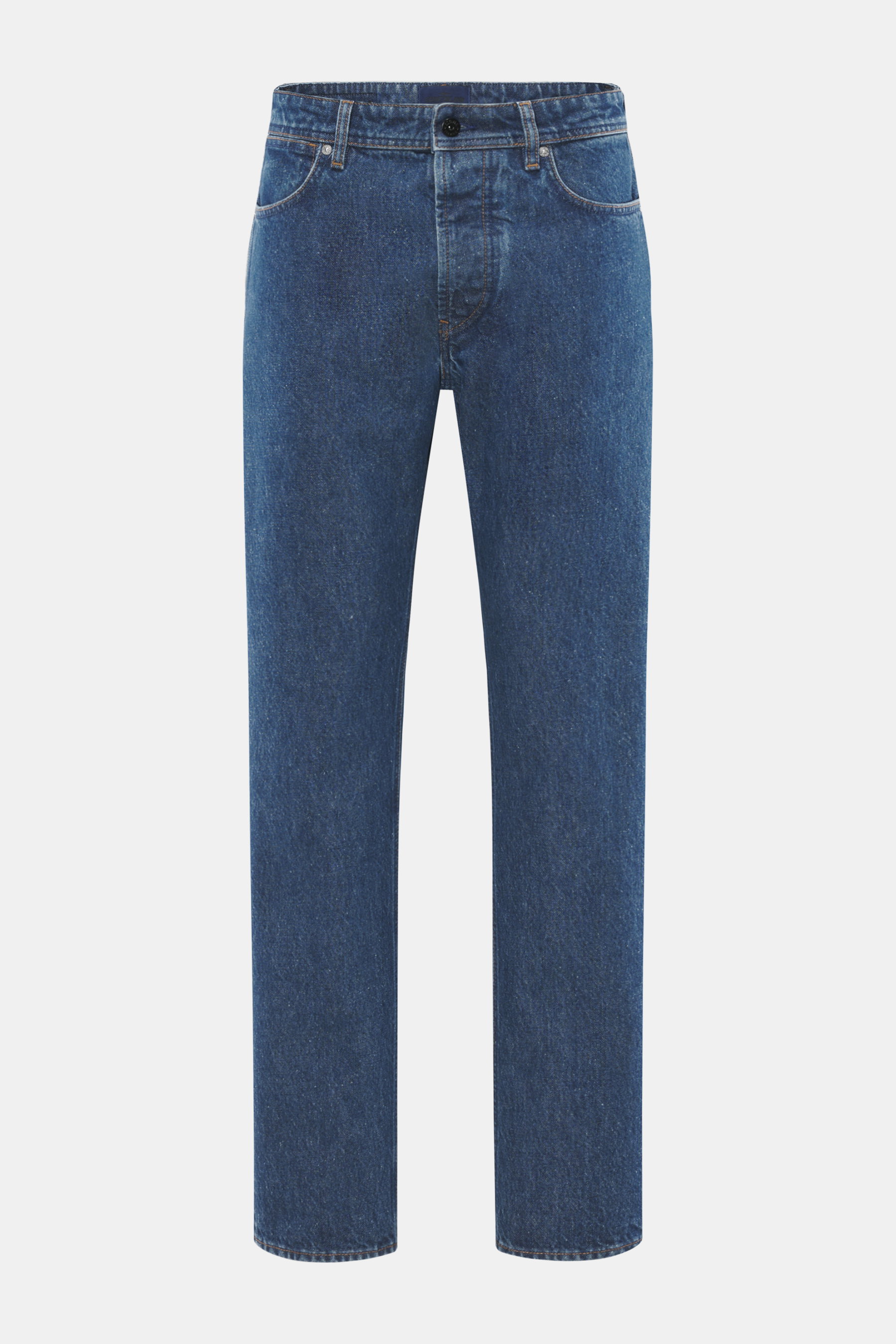 Stone Island Jeans 'Indigo Denim - Medium Grainy Wash' dark blue shown from the front on a white background, straight fit with button fly, five pockets, and compass badge on waistband, made from pure cotton with material-typical texture and subtle used wa