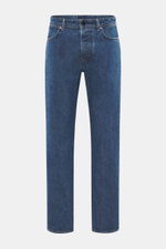 Stone Island Jeans 'Indigo Denim - Medium Grainy Wash' dark blue shown from the front on a white background, straight fit with button fly, five pockets, and compass badge on waistband, made from pure cotton with material-typical texture and subtle used wa