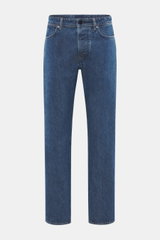 Stone Island Jeans 'Indigo Denim - Medium Grainy Wash' dark blue shown from the front on a white background, straight fit with button fly, five pockets, and compass badge on waistband, made from pure cotton with material-typical texture and subtle used wa