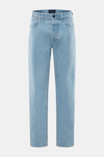 Front view of Stone Island Jeans 'Indigo Denim - Light Blue Grainy Wash' light blue, straight fit, pure cotton denim with button fly, five pockets, subtle wash, and compass badge on waistband. Denim with attitude: The jeans 'Indigo Denim - Light Blue Grai