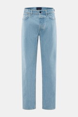 Front view of Stone Island Jeans 'Indigo Denim - Light Blue Grainy Wash' light blue, straight fit, pure cotton denim with button fly, five pockets, subtle wash, and compass badge on waistband. Denim with attitude: The jeans 'Indigo Denim - Light Blue Grai