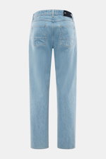 Rear view of Stone Island Jeans 'Indigo Denim - Light Blue Grainy Wash' light blue in straight cut, five-pocket style, pure cotton denim with subtle wash and compass badge on waistband.