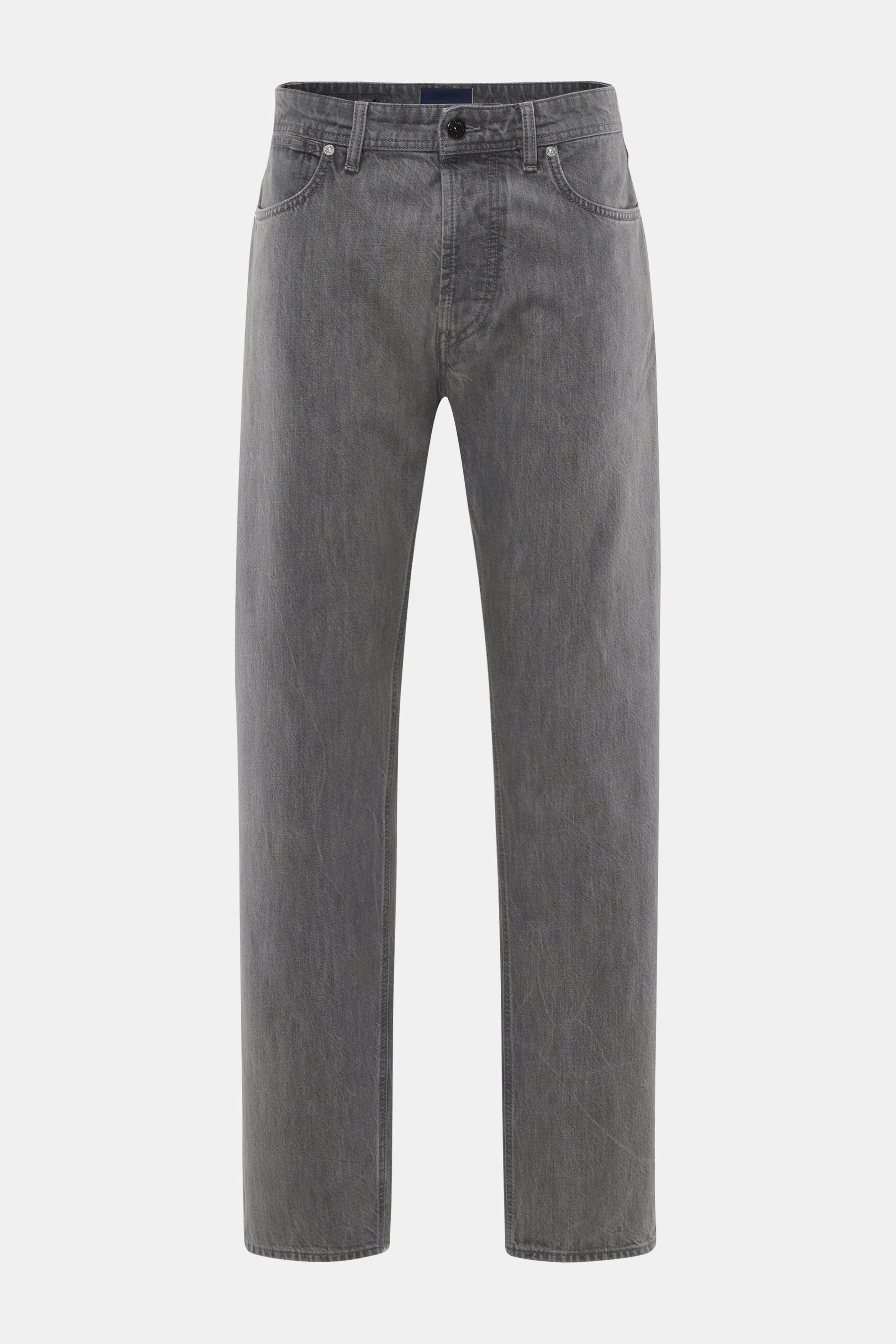Front view of Stone Island Jeans 'Black Denim - Light Grey Wash' grey, straight fit denim made of pure cotton with subtle used wash, button fly, five-pocket style, and compass badge on waistband, showing typical material texture and straight cut. Denim wi