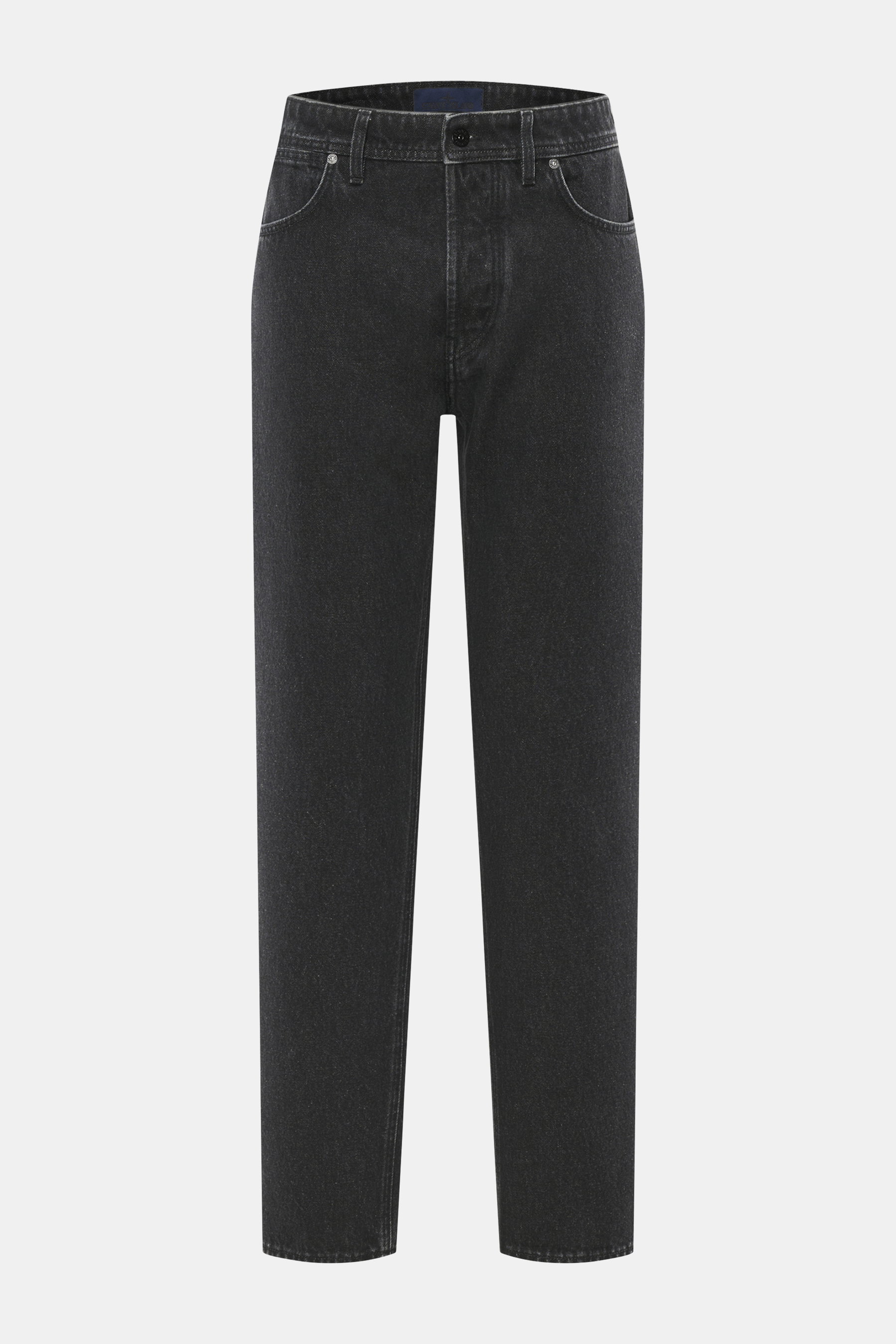 Front view of Stone Island Jeans 'Black Denim - Medium Grainy Wash' black, straight fit with button fly, five-pocket style, cotton denim, subtle used wash, and waistband compass badge. Denim with attitude: The jeans 'Black Denim - Medium Grainy Wash' in S