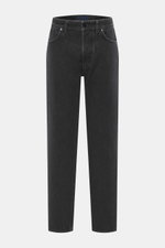 Front view of Stone Island Jeans 'Black Denim - Medium Grainy Wash' black, straight fit with button fly, five-pocket style, cotton denim, subtle used wash, and waistband compass badge. Denim with attitude: The jeans 'Black Denim - Medium Grainy Wash' in S