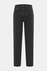 Front view of Stone Island Jeans 'Black Denim - Medium Grainy Wash' black, straight fit with button fly, five-pocket style, cotton denim, subtle used wash, and waistband compass badge. Denim with attitude: The jeans 'Black Denim - Medium Grainy Wash' in S