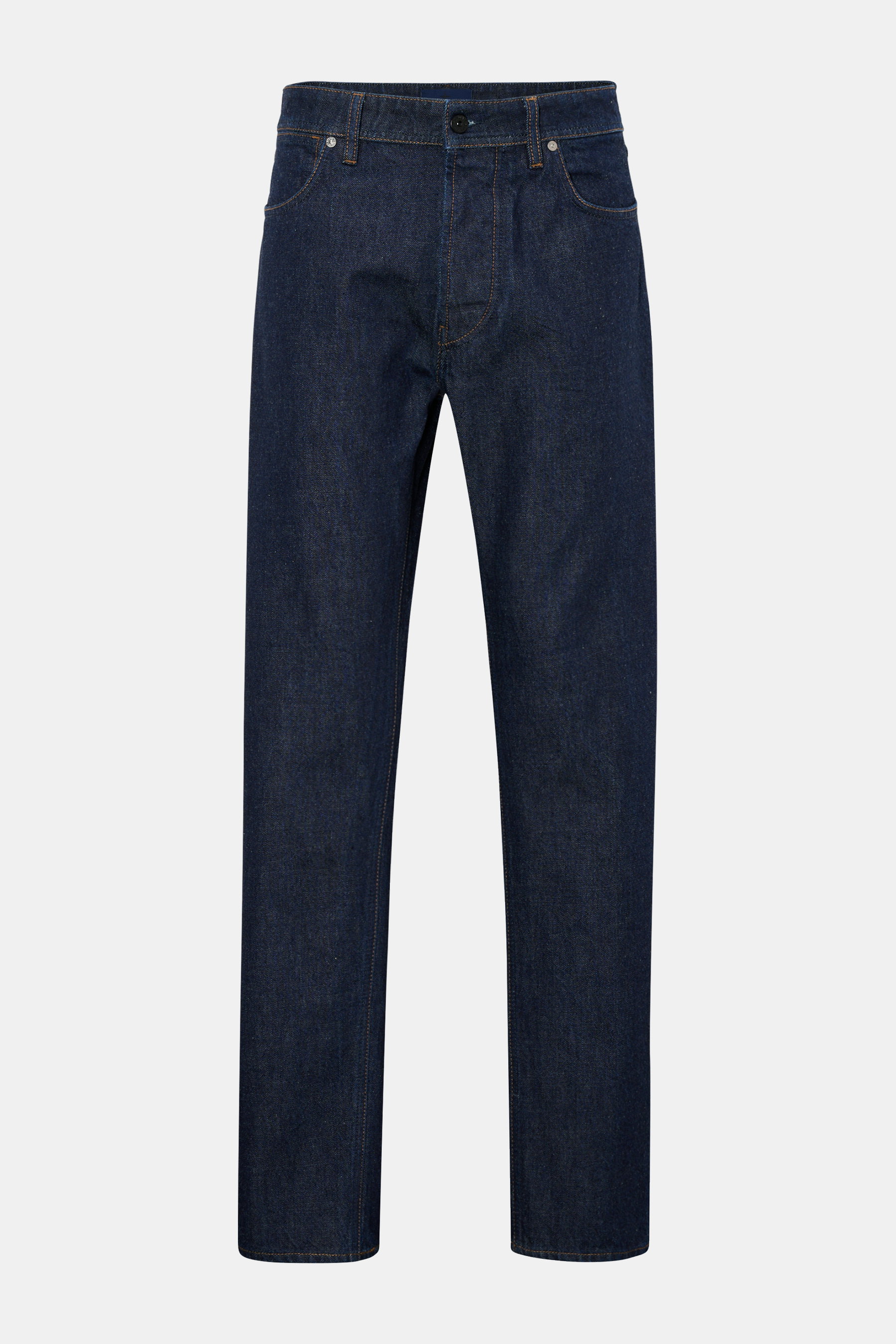 Front view of Stone Island Jeans 'Indigo Denim - Rinsed' dark blue straight fit jeans made of pure cotton with button fly, five-pocket style, and compass badge on the waist.