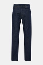 Front view of Stone Island Jeans 'Indigo Denim - Rinsed' dark blue straight fit jeans made of pure cotton with button fly, five-pocket style, and compass badge on the waist.