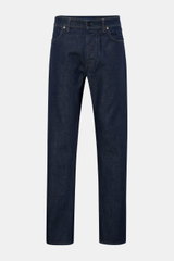 Front view of Stone Island Jeans 'Indigo Denim - Rinsed' dark blue straight fit jeans made of pure cotton with button fly, five-pocket style, and compass badge on the waist.