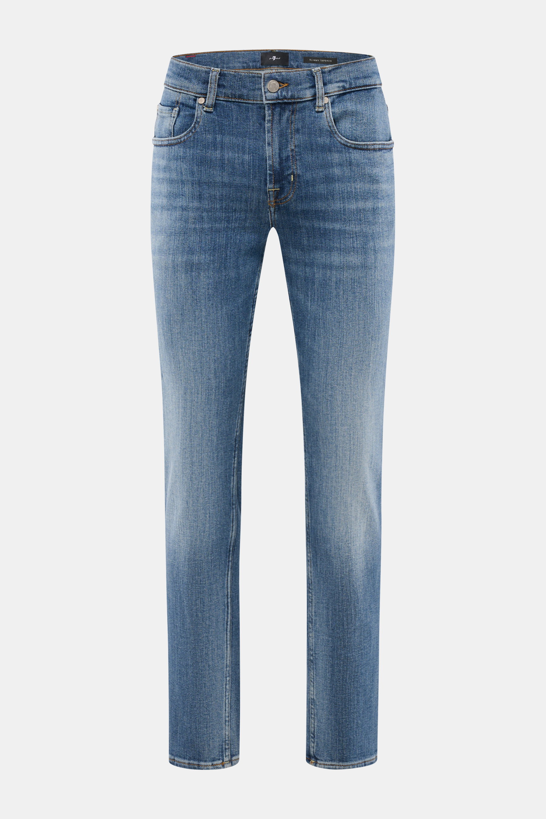 Front view of 7 for all mankind Jeans 'Slimmy Tapered' smoky blue, slim fit with authentic used wash, cotton denim, stretch, zip fly, five-pocket style, tapered and slightly shortened with back pocket stitching and woven waistband label.