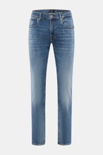 7 for all mankind Jeans 'Slimmy Tapered' rauchblau, Slim Fit, authentische Used-Waschung, Baumwoll-Denim mit Stretch, Five-Pocket, Frontansicht.