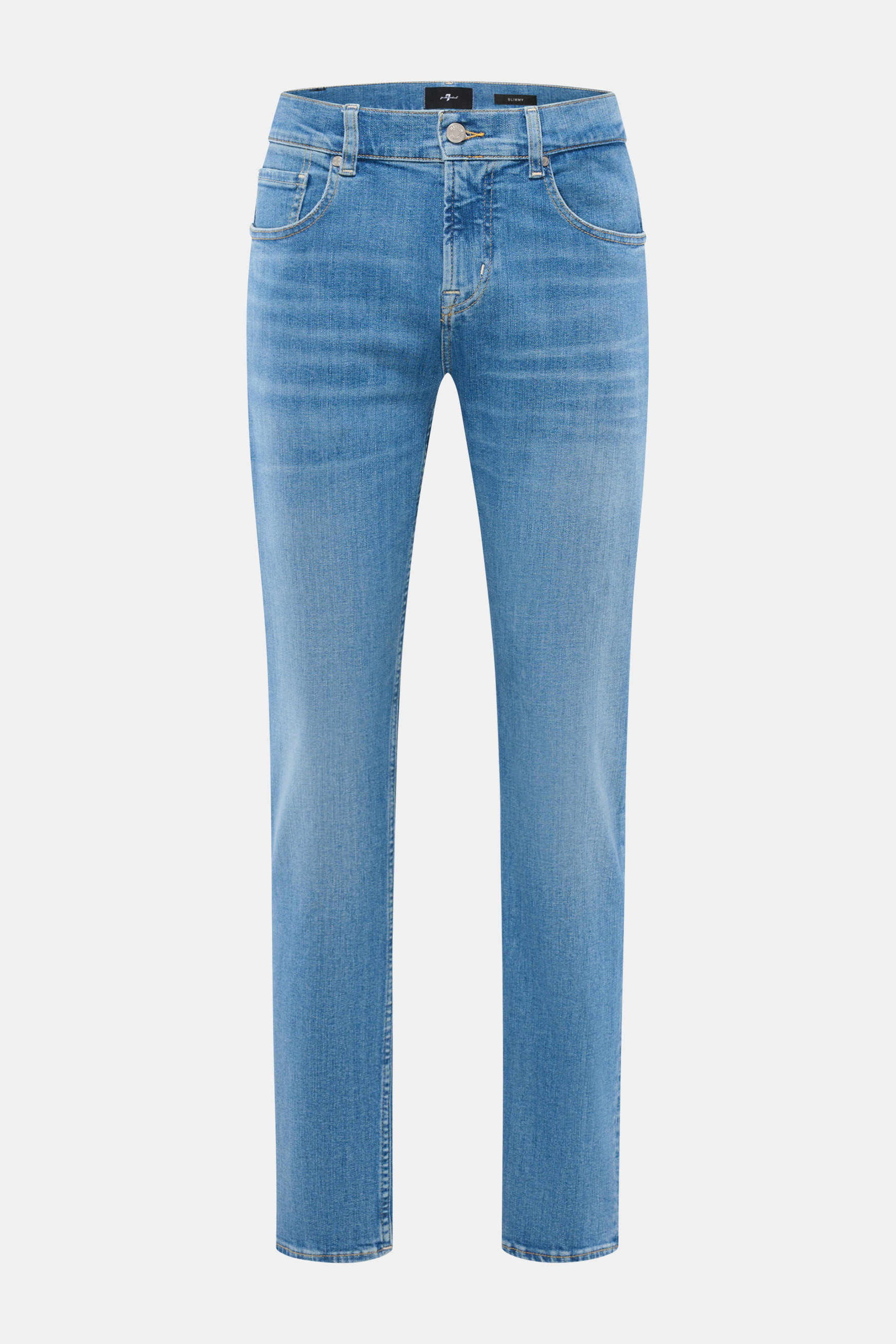 Front view of 7 for all mankind Jeans 'Slimmy' blue in authentic used wash, slim fit, slightly tapered with five-pocket style, zip fly, back pocket stitching, cotton denim with stretch and small woven label on waistband.