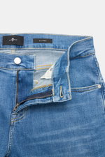7 for all mankind Jeans 'Slimmy' blau, Nahaufnahme von offenem Bund mit Zip Fly, Slim Fit, Baumwoll-Denim, Stretch, Used-Waschung, Five-Pocket-Stil.