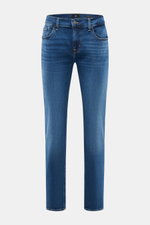 7 for all mankind Jeans 'Slimmy' dunkelblau, Frontansicht, Slim Fit mit komfortablem Stretch, Five-Pocket Stil, Used-Waschung, Zip Fly, Weblabel am Bund.