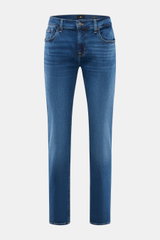 7 for all mankind Jeans 'Slimmy' dunkelblau, Frontansicht, Slim Fit mit komfortablem Stretch, Five-Pocket Stil, Used-Waschung, Zip Fly, Weblabel am Bund.