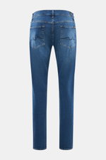 7 for all mankind Jeans 'Slimmy' dunkelblau, Rückansicht, Slim Fit, Baumwolle mit Stretch, Used-Waschung, Five-Pocket, Zip Fly, Gesäßtaschen mit Stitching, Weblabel am Bund.