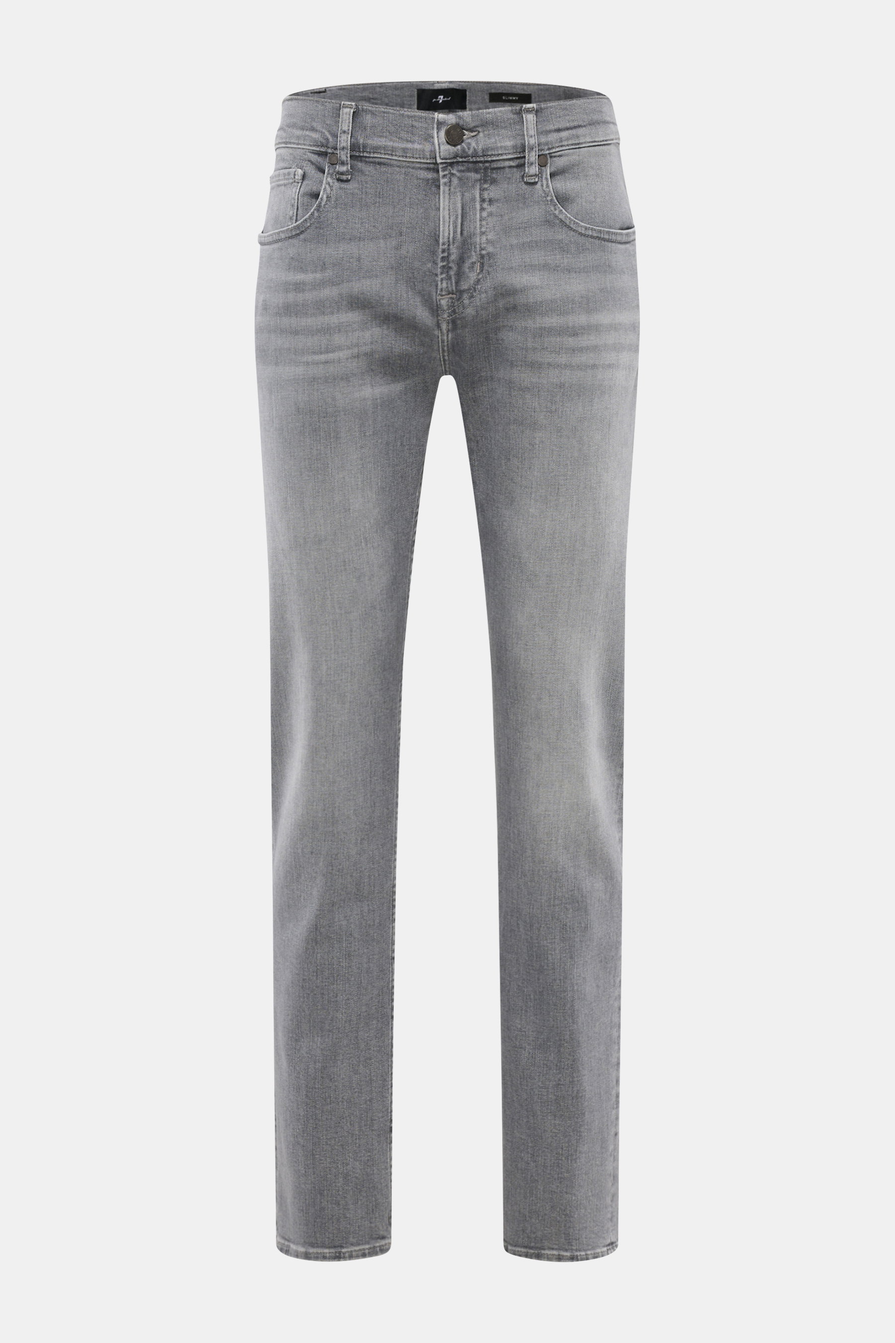 Front view of 7 for all mankind Jeans 'Slimmy' grey, slim fit denim made of cotton with comfortable stretch, authentic used wash, zip fly, five-pocket style, back pockets with stitching, and small woven label on waistband.