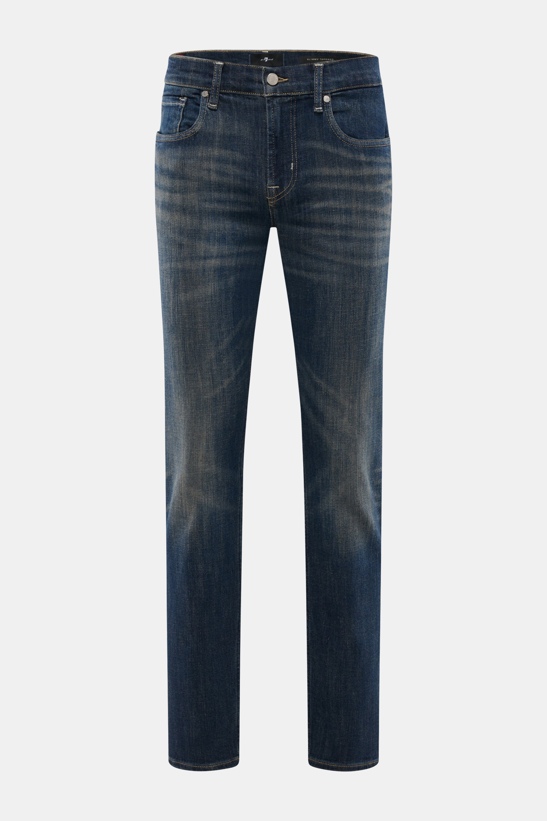 Front view of 7 for all mankind Jeans 'Slimmy Tapered' grey blue, featuring cotton microfiber denim, comfortable stretch, authentic used wash, slim fit, slightly shortened and tapered legs, zip fly, five-pocket style, back pockets with stitching, and a sm