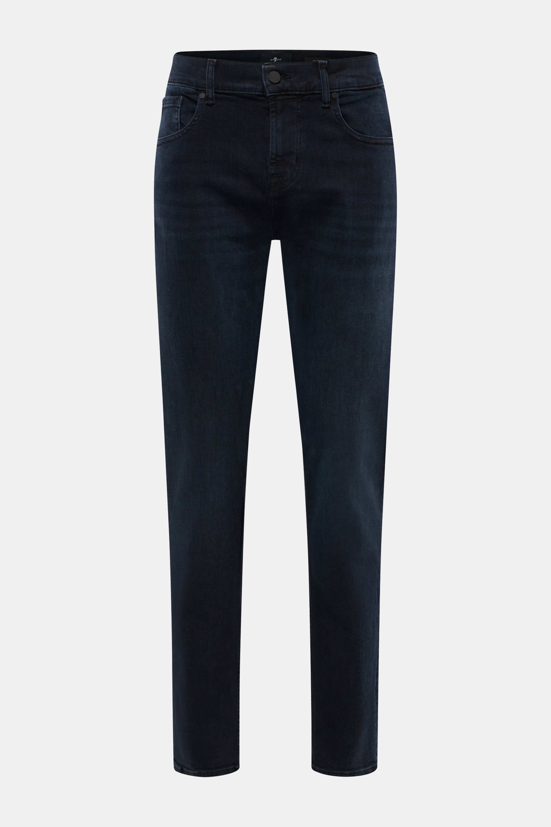 Front view of 7 for all mankind Jeans 'Slimmy' dark navy made of cotton with comfortable stretch, slim fit, tapered legs, zip fly, and five-pocket style.