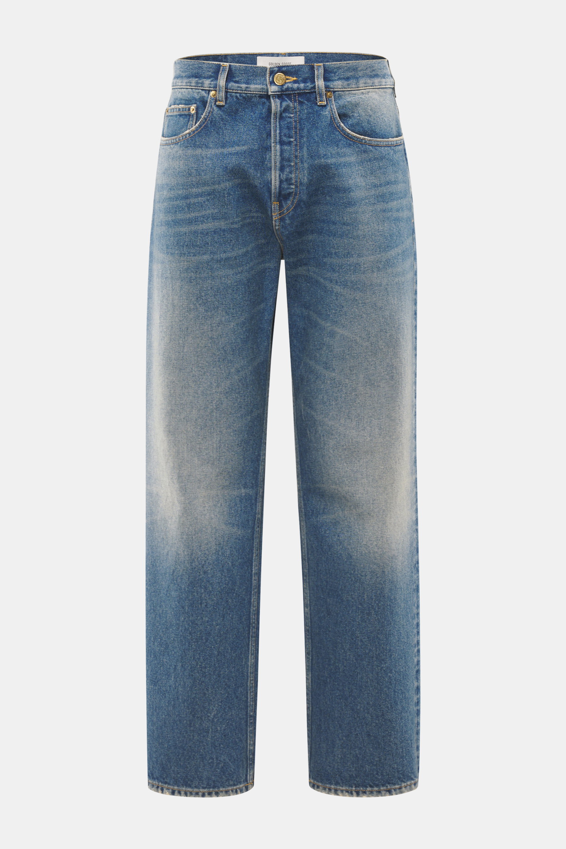 Golden Goose Jeans 'Skate' rauchblau, Frontansicht, Denim aus reiner Baumwolle, weicher Griff, Used-Waschung, Distressed, Loose Fit, kurzer Schnitt, Button-Fly, Five-Pocket, Patch mit Metall-Sternen.
