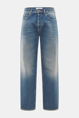 Golden Goose Jeans 'Skate' rauchblau, Frontansicht, Denim aus reiner Baumwolle, weicher Griff, Used-Waschung, Distressed, Loose Fit, kurzer Schnitt, Button-Fly, Five-Pocket, Patch mit Metall-Sternen.