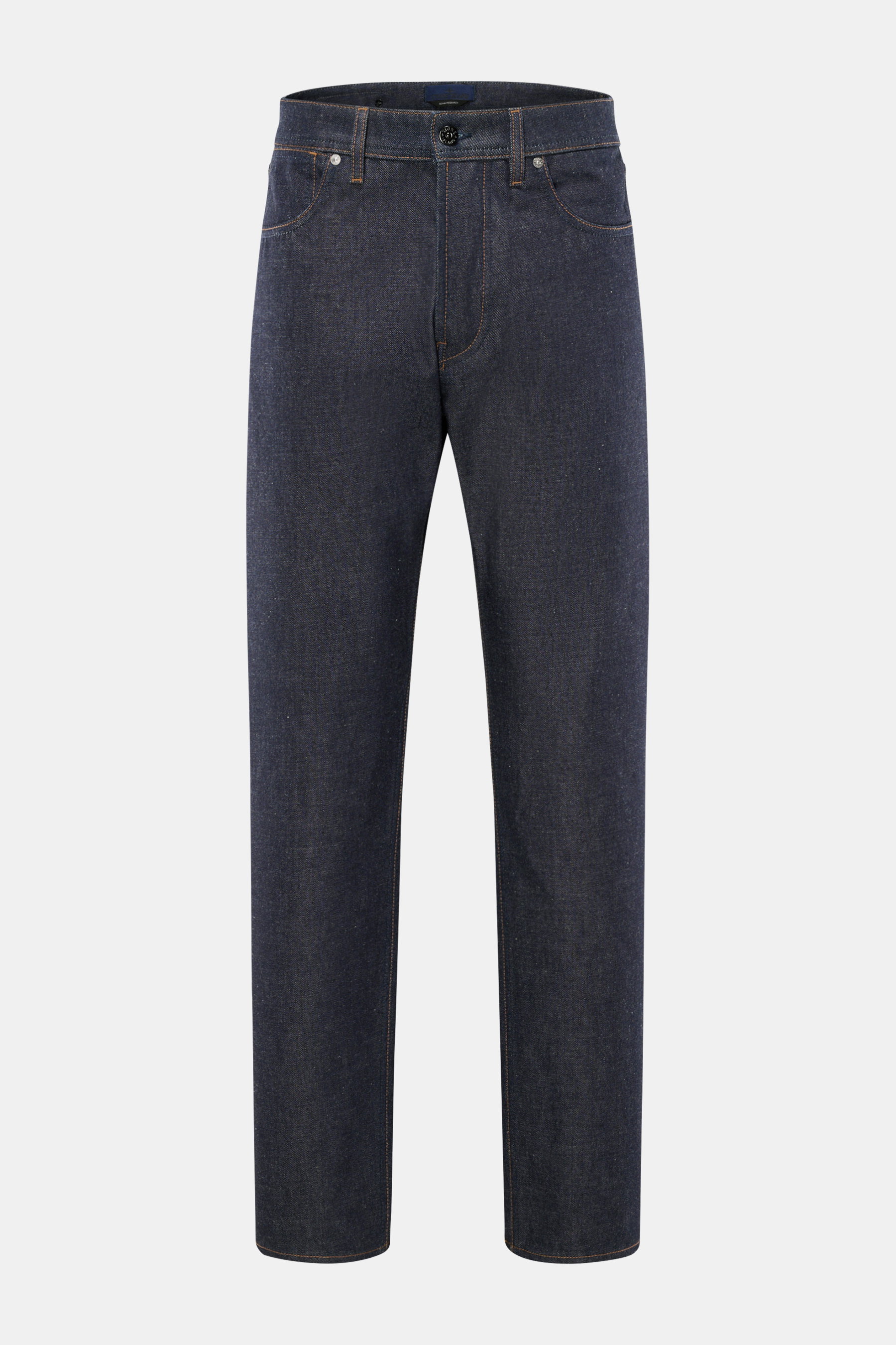 Front view of Stone Island Jeans 'Indigo Denim - Raw' navy, made from pure cotton untreated raw denim, regular fit, straight cut, button fly, five-pocket style, with textured quality and typical compass badge on waistband.