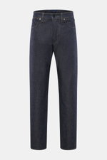 Front view of Stone Island Jeans 'Indigo Denim - Raw' navy, made from pure cotton untreated raw denim, regular fit, straight cut, button fly, five-pocket style, with textured quality and typical compass badge on waistband.