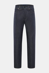 Front view of Stone Island Jeans 'Indigo Denim - Raw' navy, made from pure cotton untreated raw denim, regular fit, straight cut, button fly, five-pocket style, with textured quality and typical compass badge on waistband.