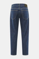 Rückansicht der PT Torino Denim Jeans 'Barrel' dunkelblau, knöchellang, gerader Schnitt, Tapered Fit, Denim aus reiner Baumwolle, weicher Griff, Button Fly, rückwärtiges Logo-Patch.