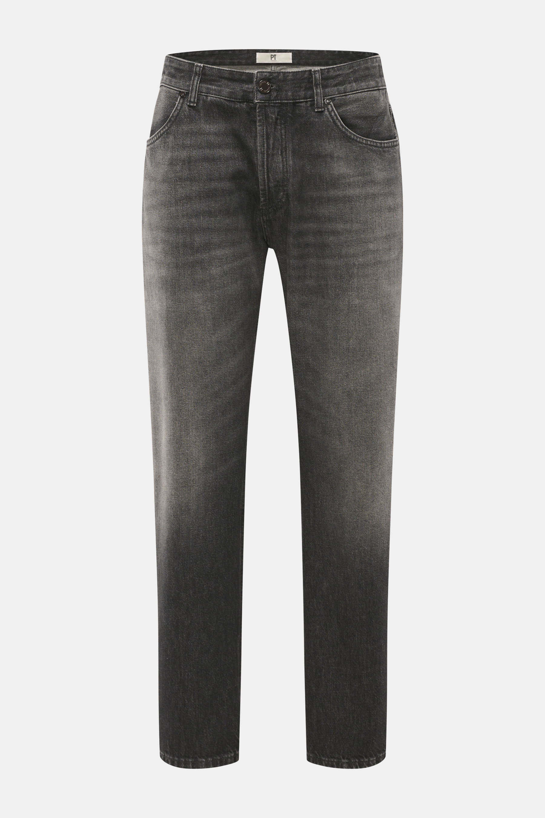 Vorderansicht der PT Torino Denim Jeans 'Barrel' dunkelgrau, knöchellang, gerader Schnitt, Tapered Fit, Denim aus reiner Baumwolle, weicher Griff, Button Fly, rückwärtiges Logo-Patch.