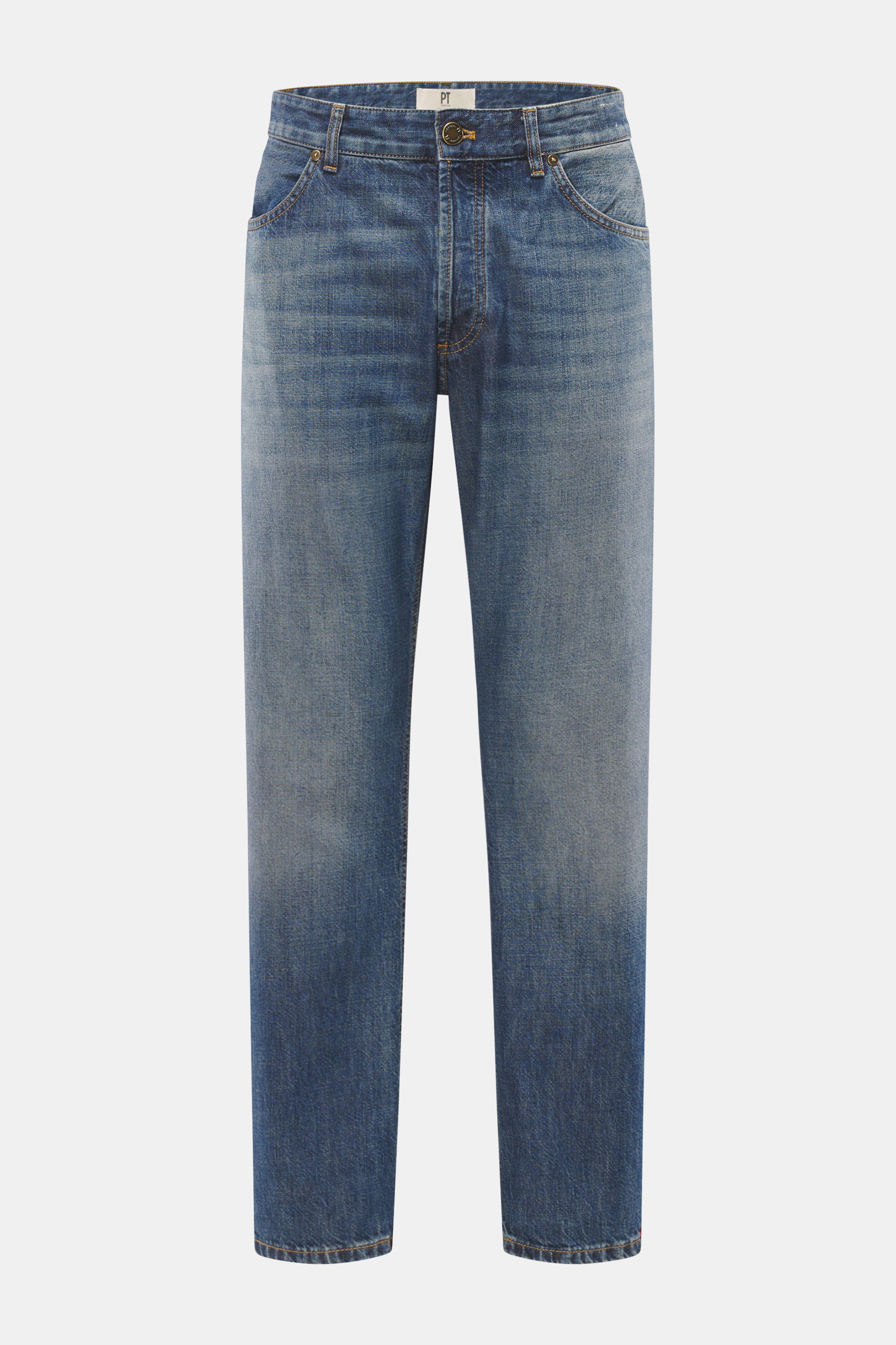 PT Torino Denim Jeans 'Barrel' rauchblau, frontale Nahaufnahme, Denim aus reiner Baumwolle, weicher Griff, Tapered Fit, gerader Schnitt, knöchellang, Button Fly, rückwärtiges Logo-Patch.