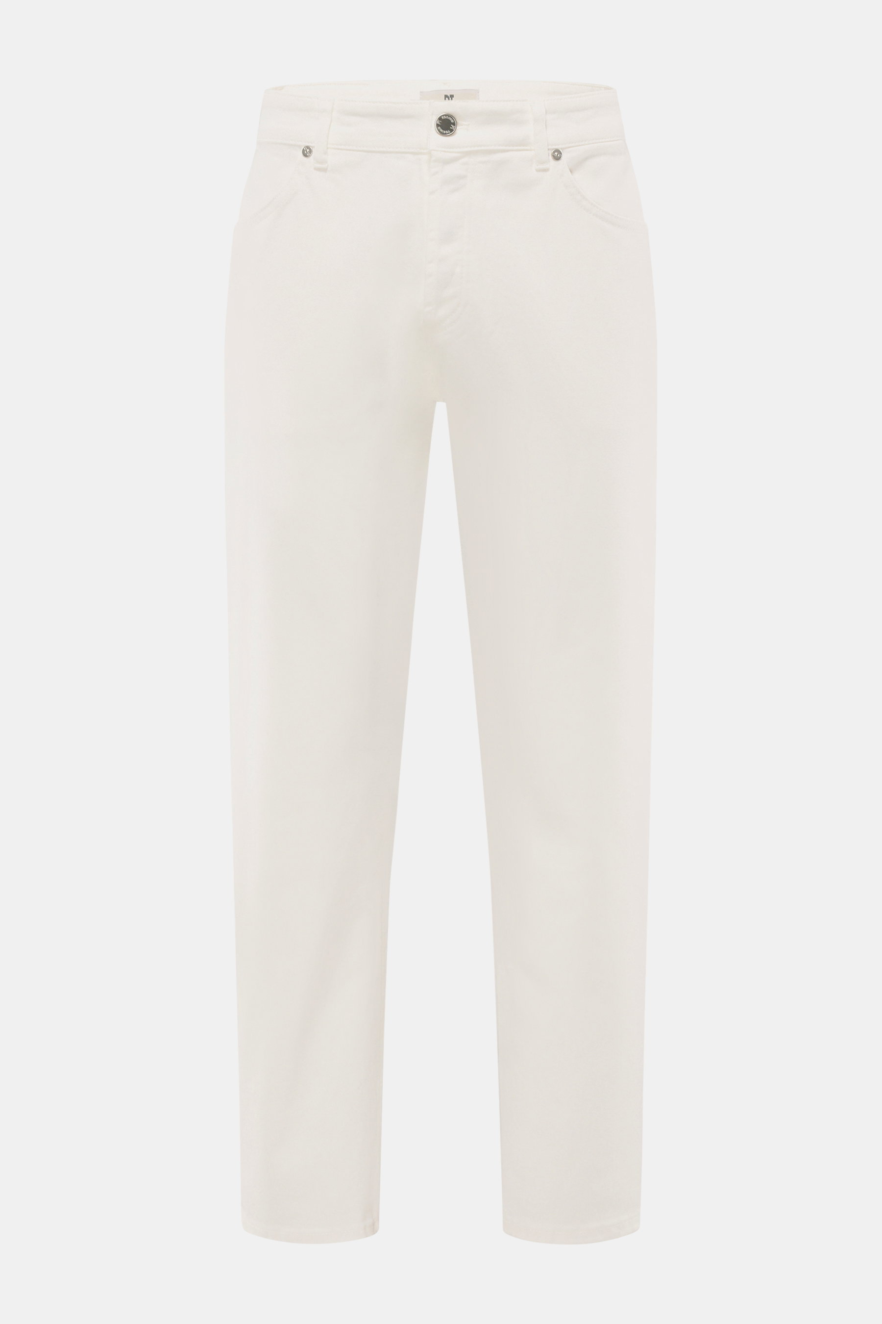 Front view of PT Torino Denim Jeans 'Barrel' offwhite, denim made of pure cotton, soft touch, tapered fit, straight cut, ankle length, button fly, rear logo patch.