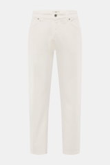 Front view of PT Torino Denim Jeans 'Barrel' offwhite, denim made of pure cotton, soft touch, tapered fit, straight cut, ankle length, button fly, rear logo patch.