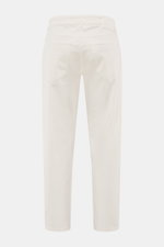 Back view of PT Torino Denim Jeans 'Barrel' offwhite, denim made of pure cotton with soft touch, tapered fit, straight cut, ankle length, button fly, and rear logo patch.