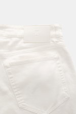 Close-up rear view of PT Torino Denim Jeans 'Barrel' offwhite showcasing denim made of pure cotton, soft touch, tapered fit, straight cut, ankle length, button fly, and rear logo patch.