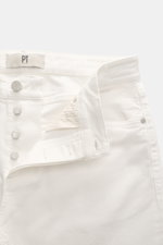 PT Torino Denim Jeans 'Barrel' offwhite shown from above with button fly open, made of denim pure cotton, soft touch, tapered fit, straight cut, ankle length, rear logo patch.