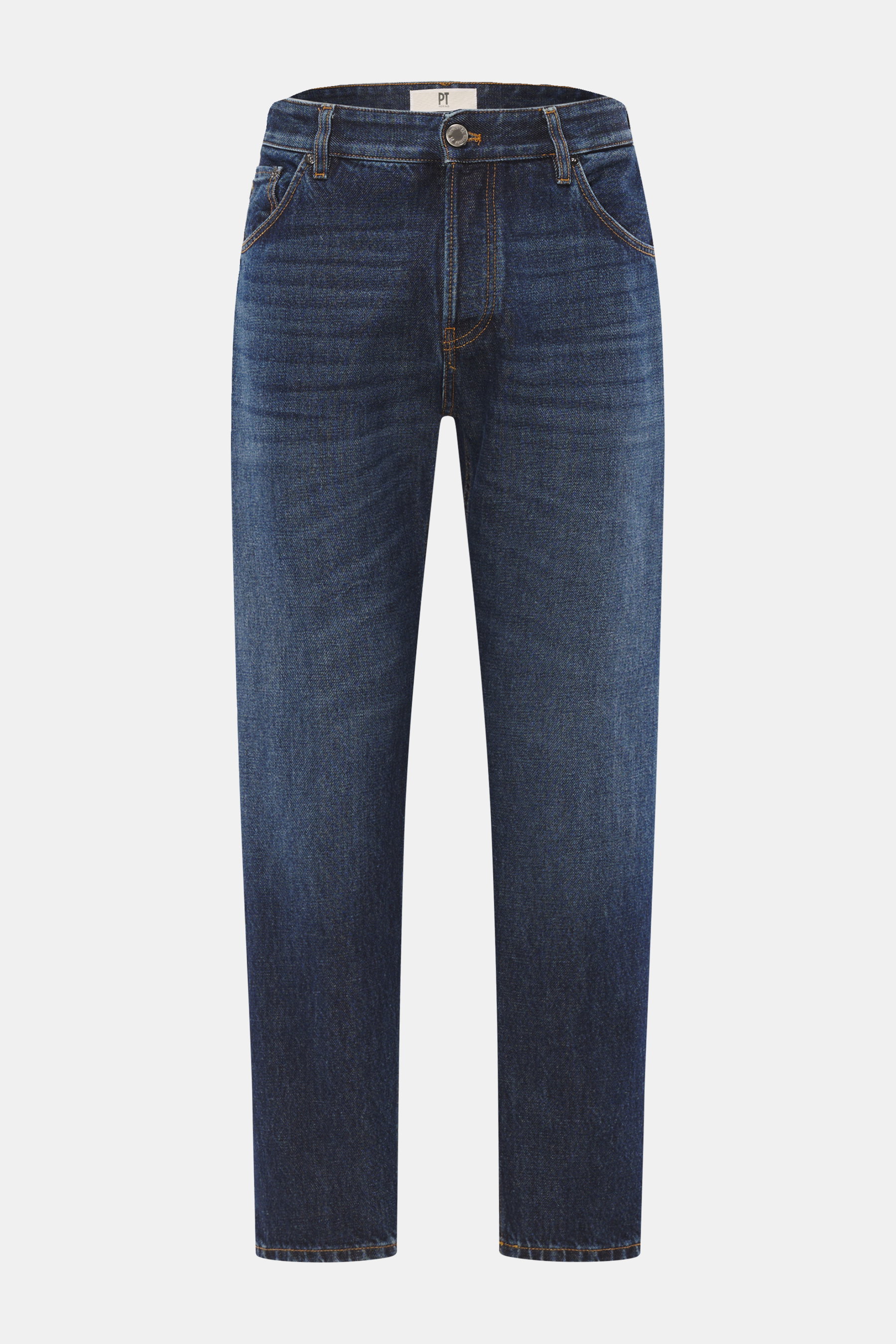 PT Torino Denim Jeans 'Rebel Fit' dunkelblau, knöchellang, Five-Pocket-Stil, Button Fly, reguläre Oberschenkelweite, reine Baumwolle, leichte Haptik, Frontansicht.