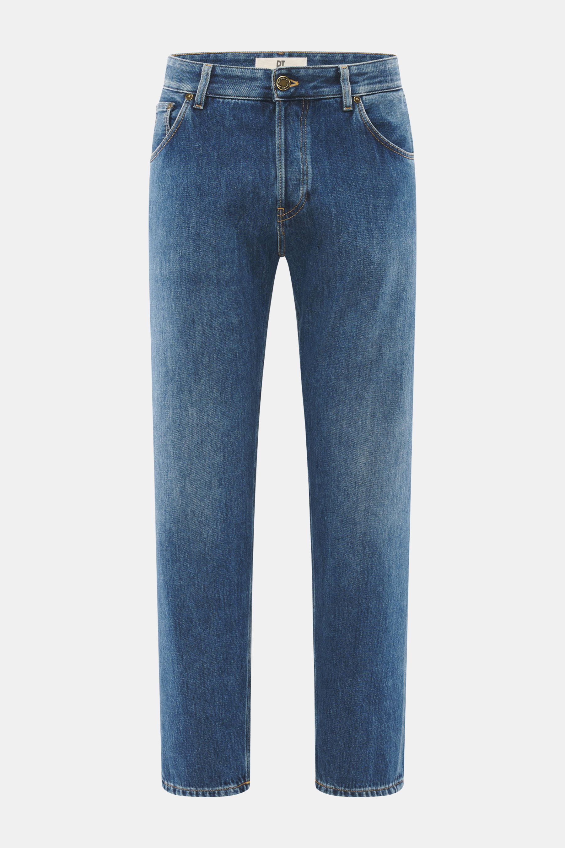 PT Torino Denim Jeans 'Rebel' graublau, frontale Nahaufnahme, gerader, knöchellanger Schnitt, authentischer Denim mit Used-Finish, Button Fly, Five-Pocket-Stil, reine Baumwolle, weicher Griff, leichte Used-Waschung, Tapered Fit, reguläre Oberschenkelweite