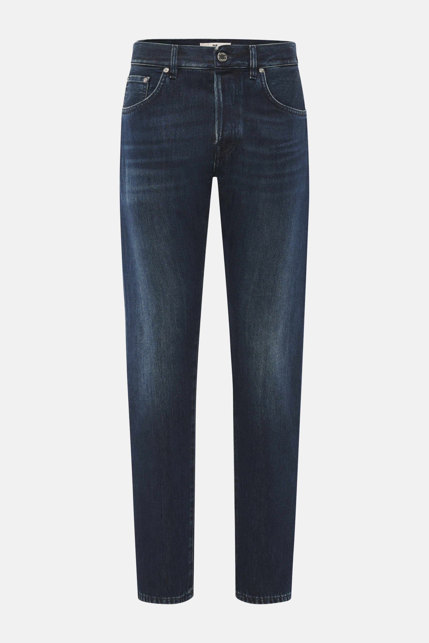 Front view of PT Torino Denim Jeans 'Breakbeat' dark blue showing soft cotton and lyocell denim with authentic used wash, light distressing, tapered fit, regular thigh width, ankle length, button fly, five-pocket style, and leather patch.