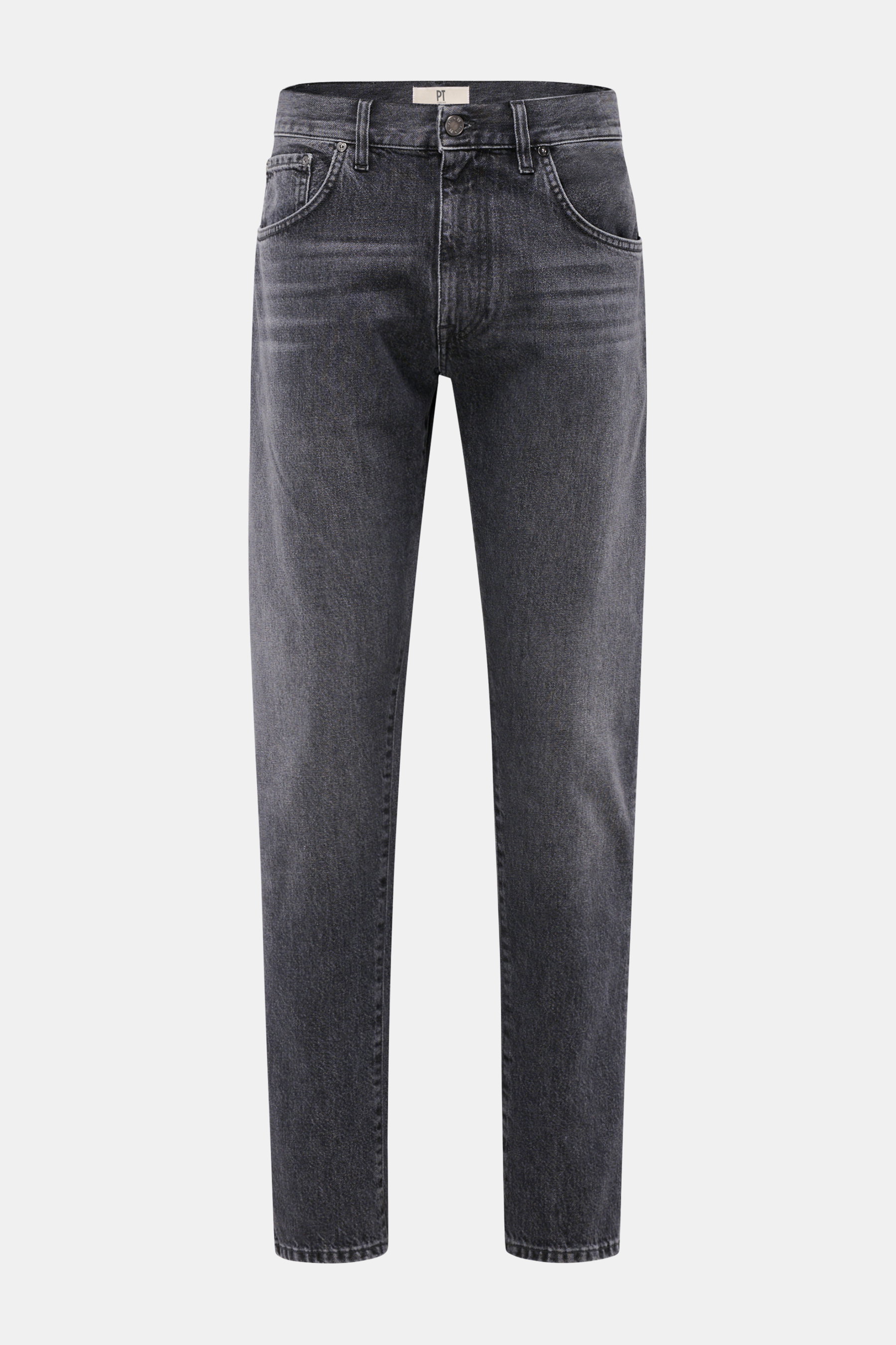 Front view of PT Torino Denim Jeans 'Breakbeat' dark grey, slim fit with very slim tapering, zip fly, five-pocket style, leather patch, made of pure cotton denim with soft touch and authentic used wash.
