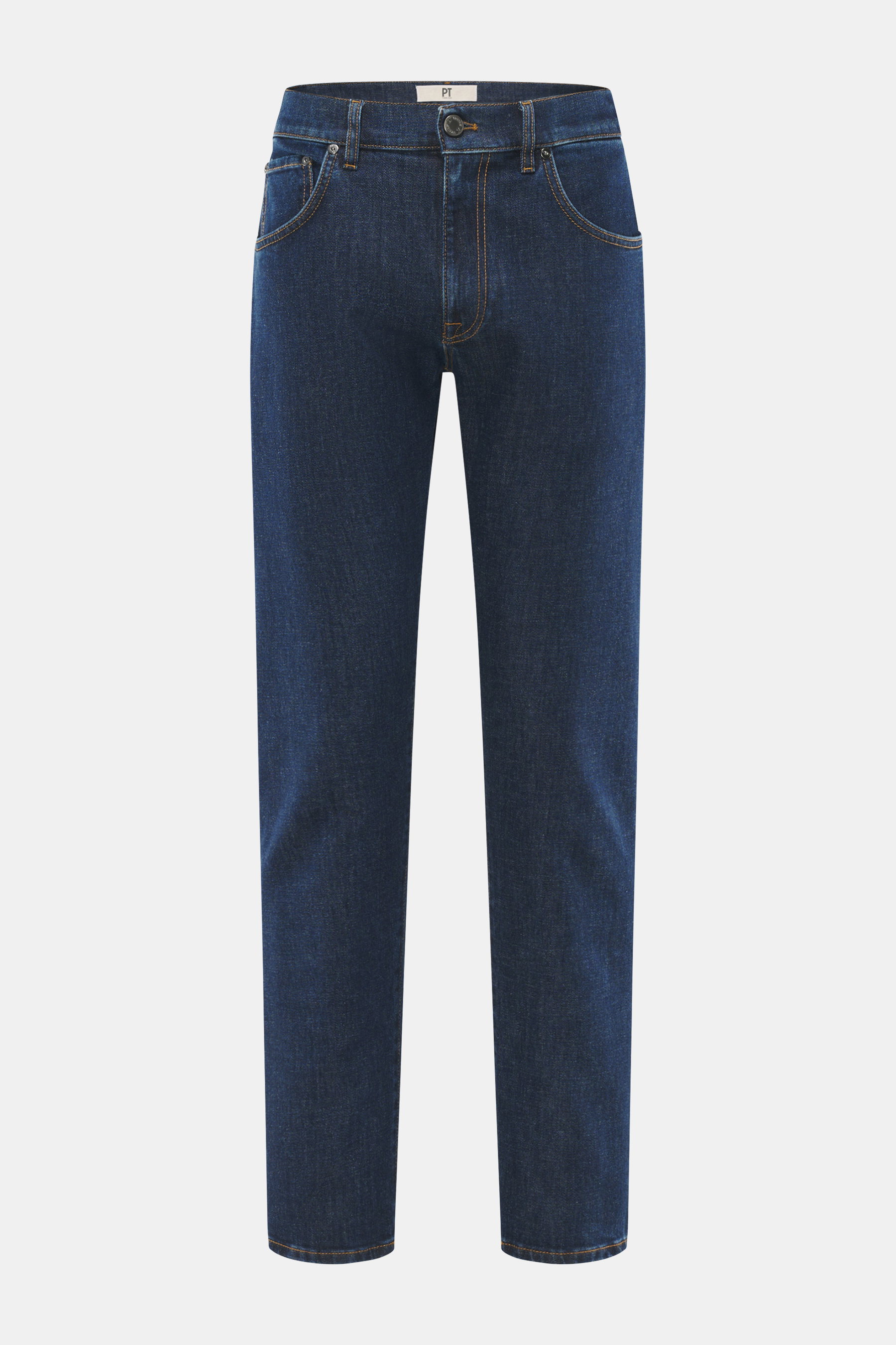 Frontansicht der PT Torino Denim Jeans 'Break Beat' navy aus robustem, leicht elastischem Baumwoll-Denim mit Used-Waschung, Regular Fit, Five Pocket Stil, Zip Fly, schmal zulaufend, Lederpatch und kontrastfarbigen Nähten.