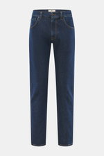 Front view of PT Torino Denim Jeans 'Break Beat' navy in regular fit with slightly textured, elastic cotton, subtle used wash, five-pocket style, zip fly, leather patch, and contrast stitching.