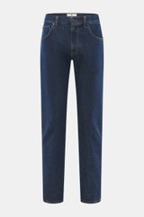 Front view of PT Torino Denim Jeans 'Break Beat' navy in regular fit with slightly textured, elastic cotton, subtle used wash, five-pocket style, zip fly, leather patch, and contrast stitching.